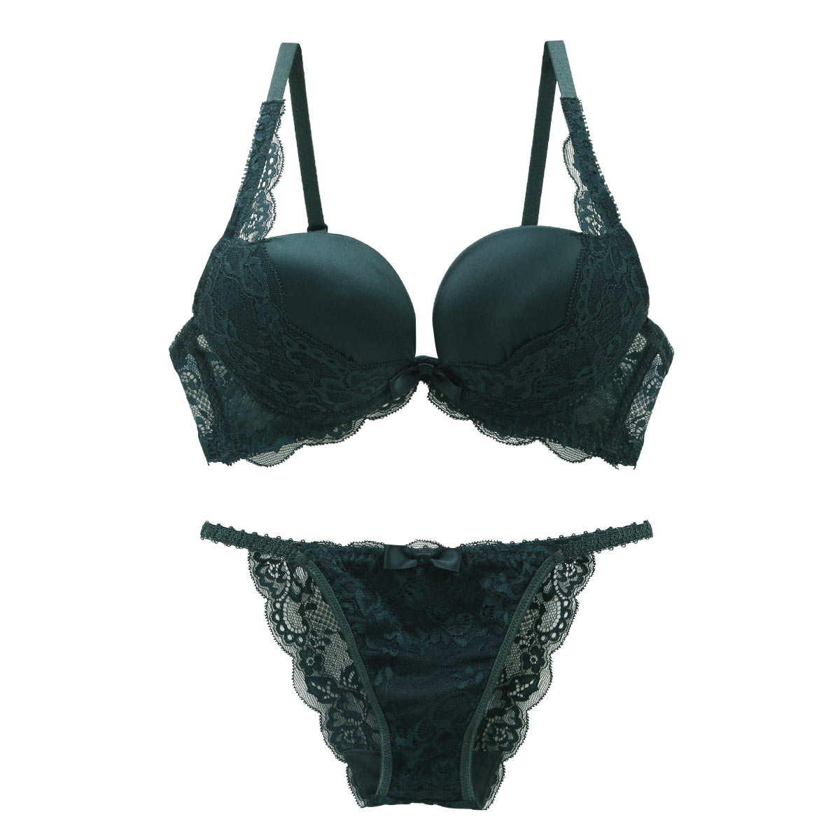 ギャラシー 美乳ブラ 3/4カップ ブラジャー ショーツ セット ベーシック 盛りブラ 谷間ブラ Wパッド 定番カラー(GR-グリーン-B65)