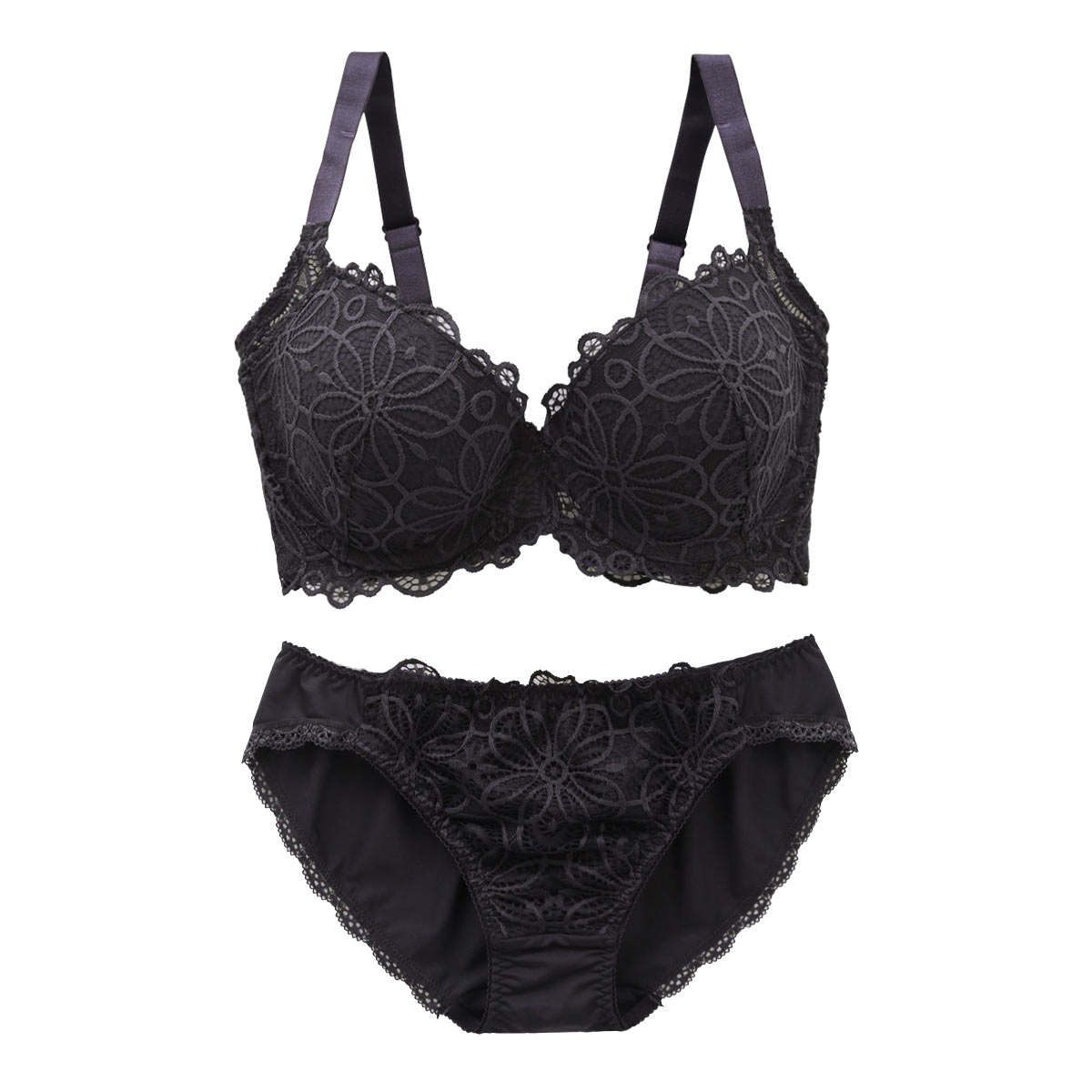 ギャラシー 美乳ブラ 背中すっきり脇高 3/4カップ ブラショーツセット GHI(CGY-チャコールグレー-G65)