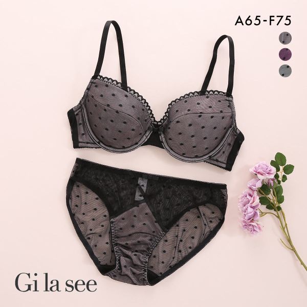 ギャラシー 美乳ブラ サテン×ポルカドット フレンチシック ブラセット ABCDEF ブラジャー ショーツ セット 総レース 透け Gilasee