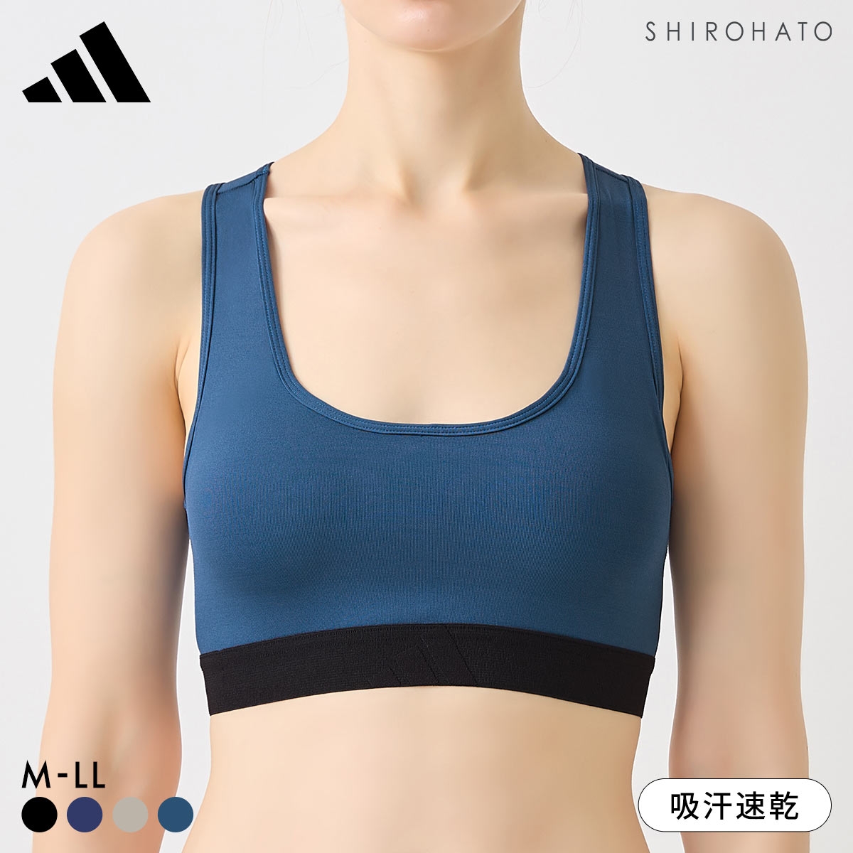 アディダス ハーフトップ レディース adidas ノンワイヤー ブラジャー スポーツ 吸汗速乾(DBU-濃ブルー-M)