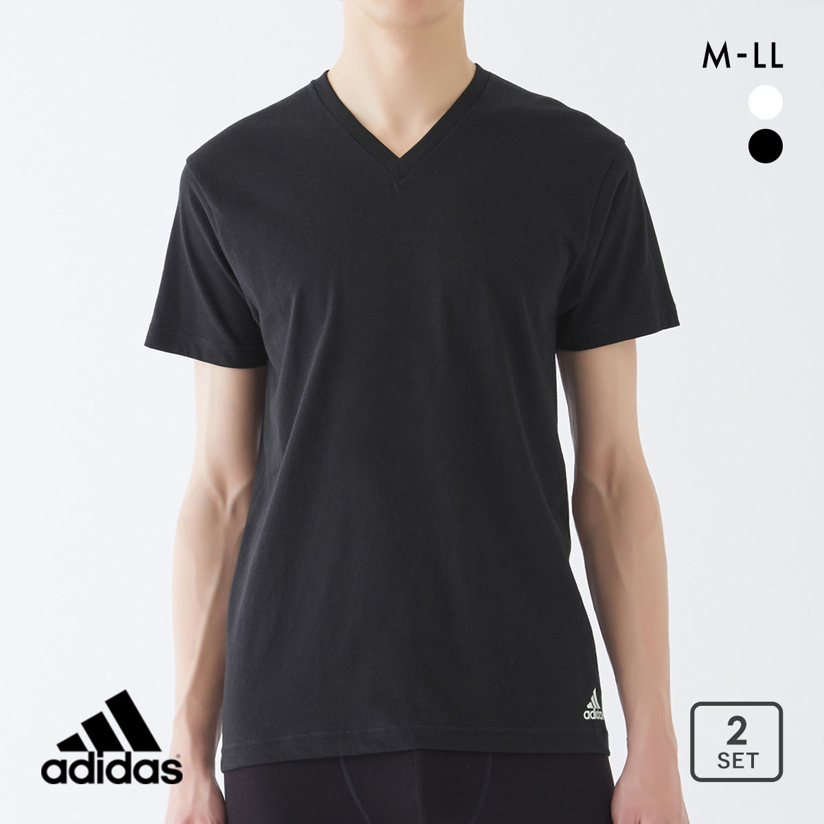 アディダス Vネック Tシャツ 半袖 二枚セット 本体綿100％ メンズ adidas(BK-ブラック-M)