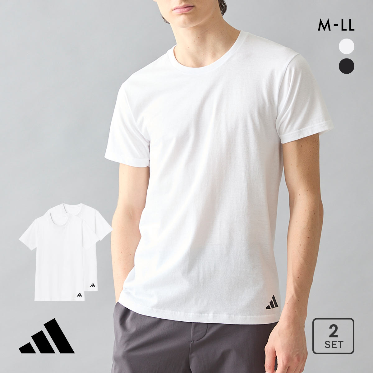 アディダス 綿100％ 丸首 Tシャツ メンズ クルーネック 2枚セット adidas 大きいサイズ(WH-ホワイト-M)