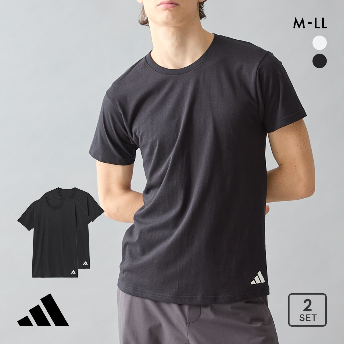 アディダス 綿100％ 丸首 Tシャツ メンズ クルーネック 2枚セット adidas 大きいサイズ(BK-ブラック-M)