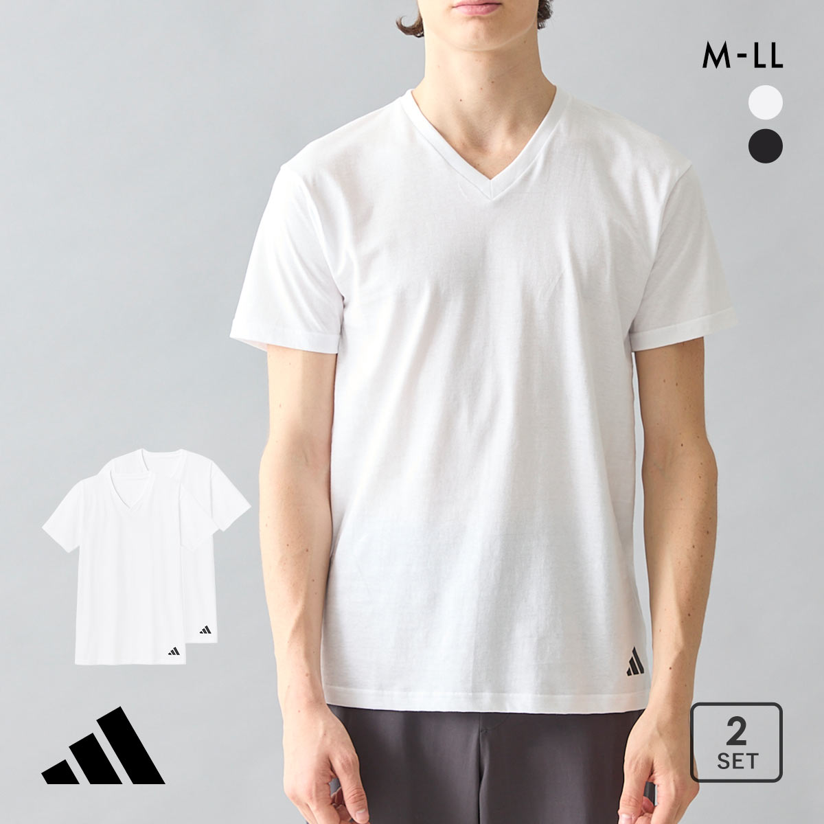アディダス 綿100％ Vネック Tシャツ メンズ Vネック 2枚セット adidas 大きいサイズ(WH-ホワイト-M)