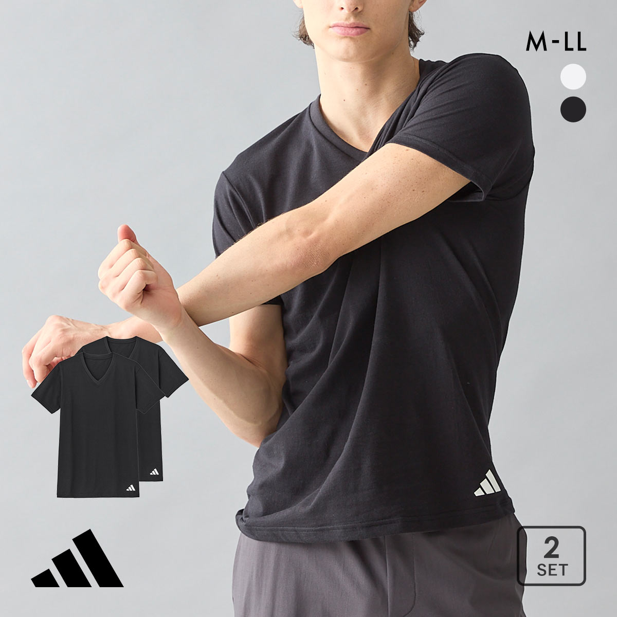 アディダス 綿100％ Vネック Tシャツ メンズ Vネック 2枚セット adidas 大きいサイズ(BK-ブラック-M)