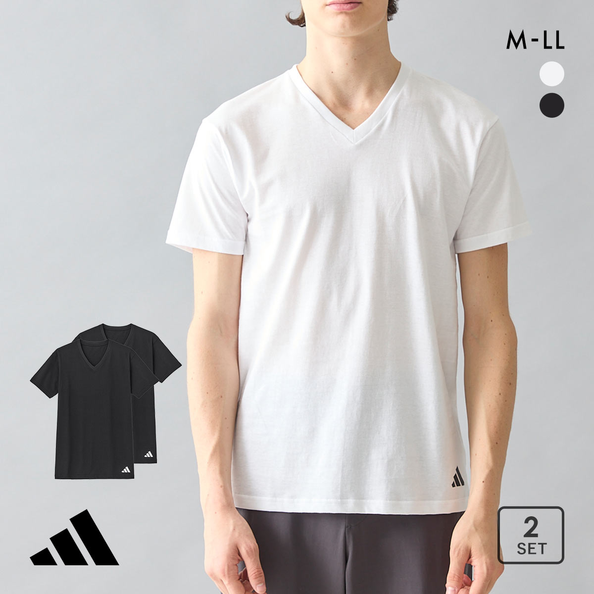 アディダス 綿100％ Vネック Tシャツ メンズ Vネック 2枚セット adidas 大きいサイズ