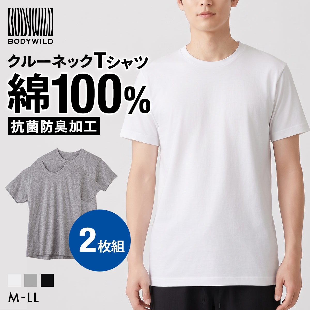 グンゼ GUNZE ボディワイルド BODY WILD クルーネックTシャツ 2枚セット メンズ 抗菌防臭 綿100％ 半袖 2P