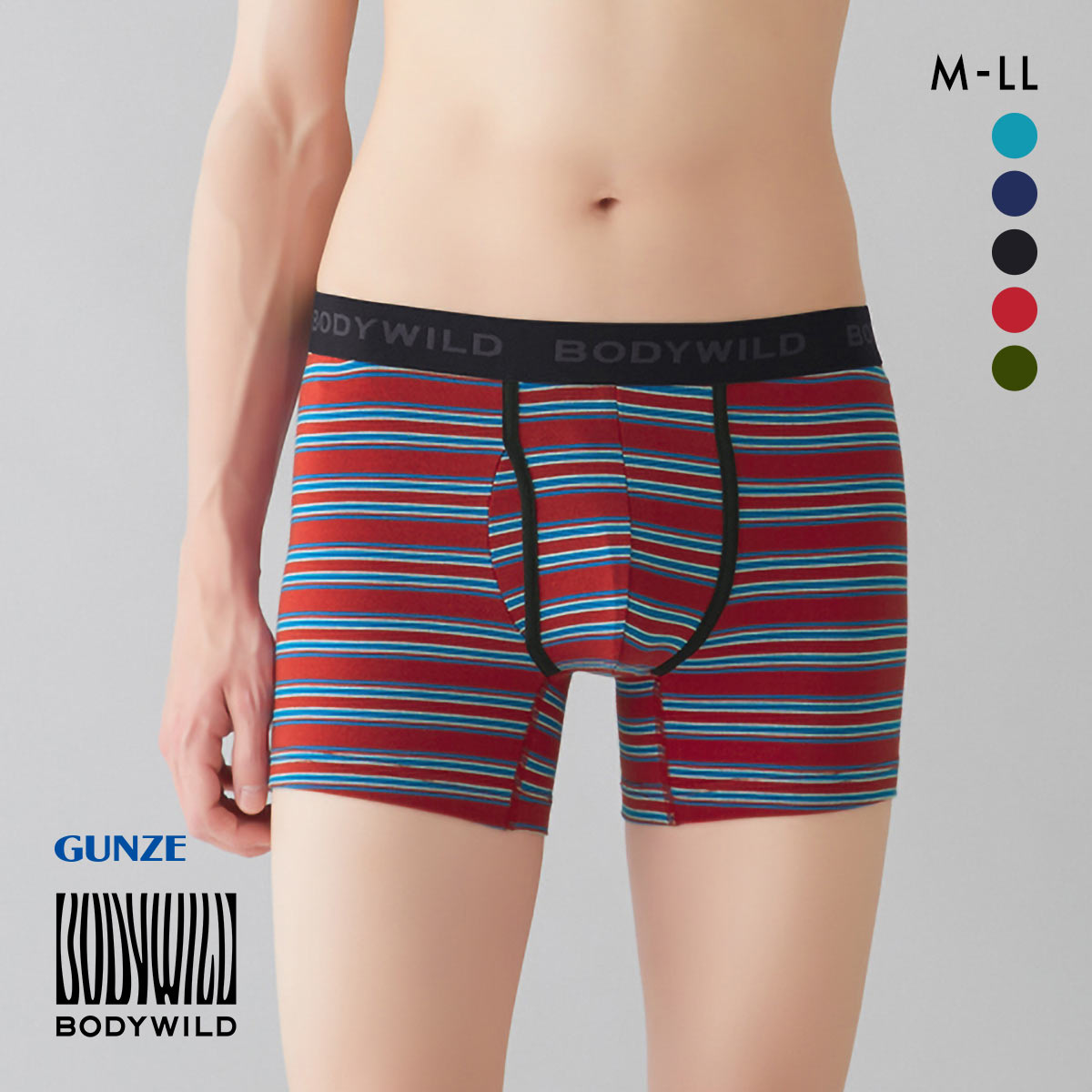 グンゼ GUNZE ボディワイルド BODY WILD ボクサーパンツ メンズ 綿混 ボーダー 前あき(RE-レッド-M)