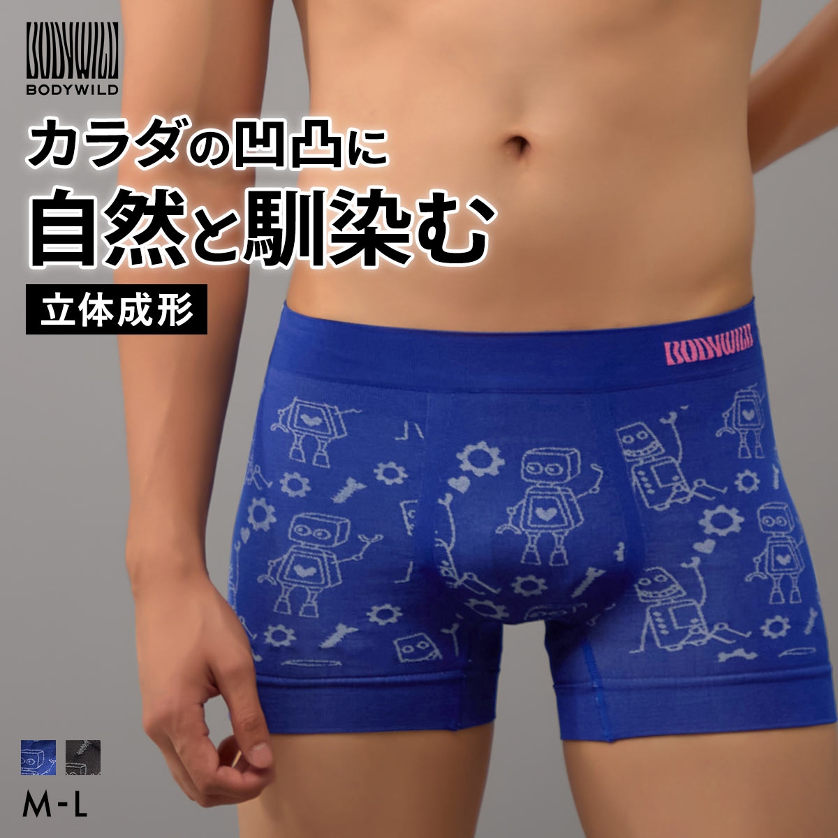 グンゼ BODY WILD ロボット柄 立体成型 ボクサーパンツ 前閉じ メンズ GUNZE ボディワイルド(DBU-濃ブルー-M)