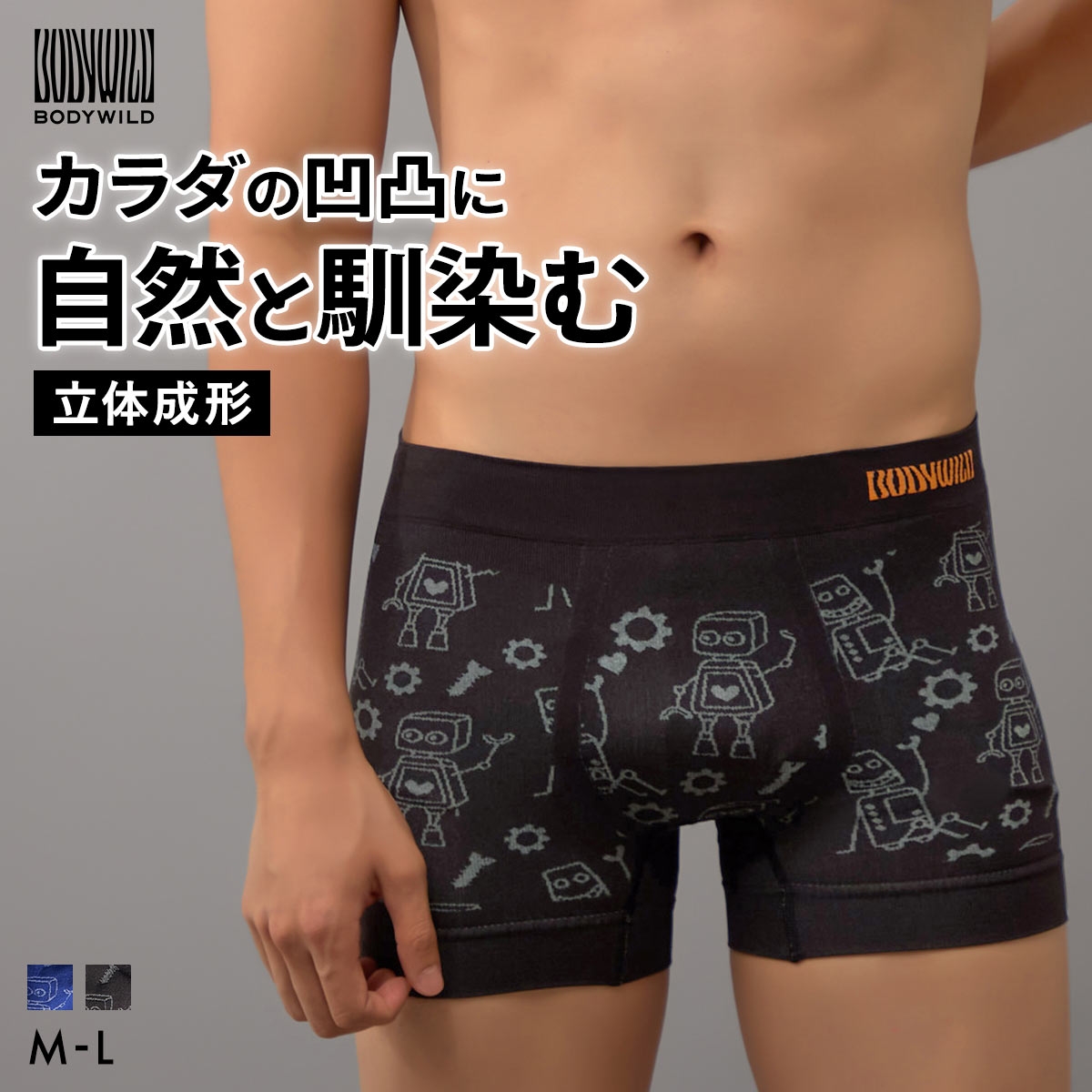 グンゼ BODY WILD ロボット柄 立体成型 ボクサーパンツ 前閉じ メンズ GUNZE ボディワイルド(BK-ブラック-M)