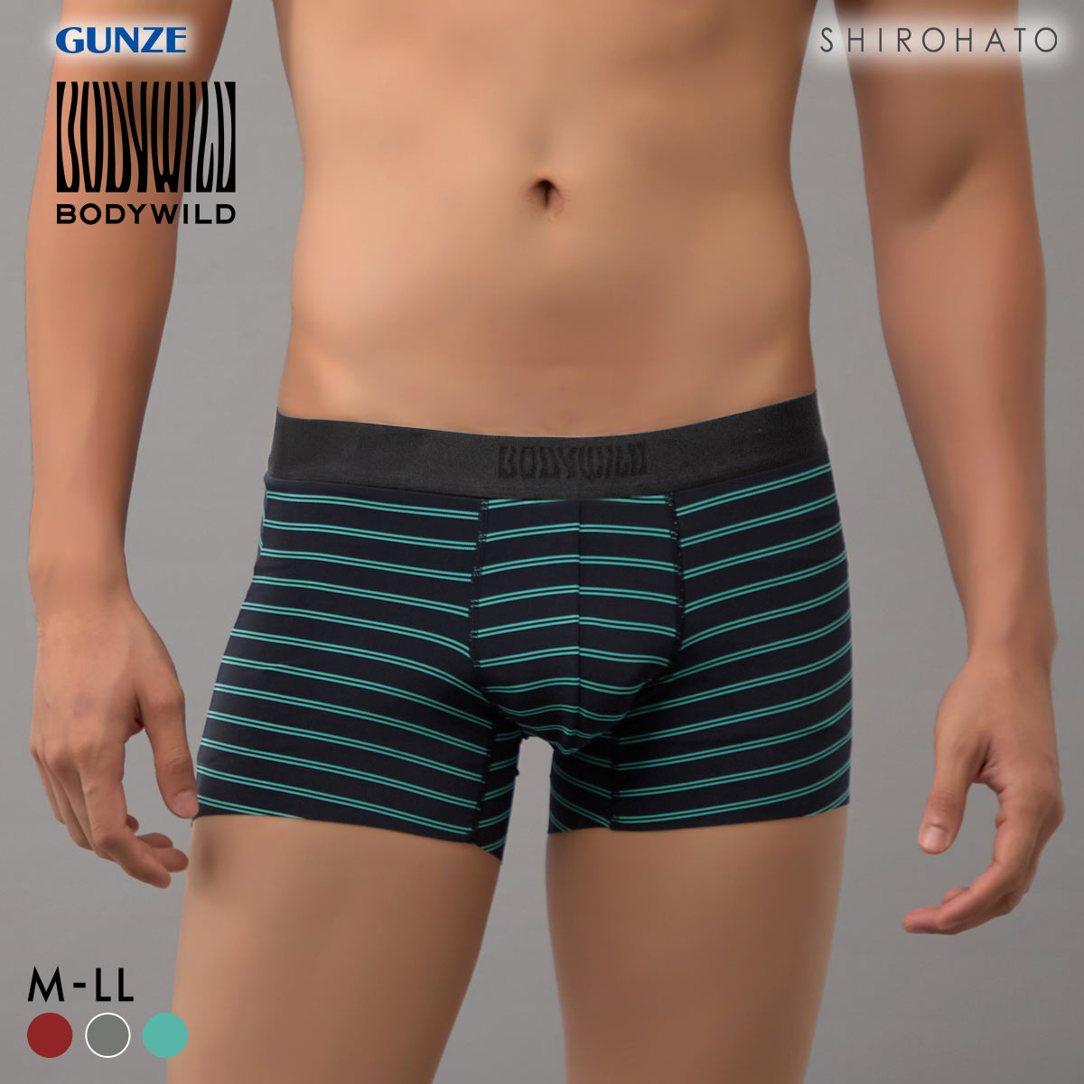 グンゼ BODY WILD BLACK DESIGN ボーダー柄 カットオフ ボクサーパンツ メンズ 日本製  GUNZE ボディワイルド(EM-エメラルド-M)
