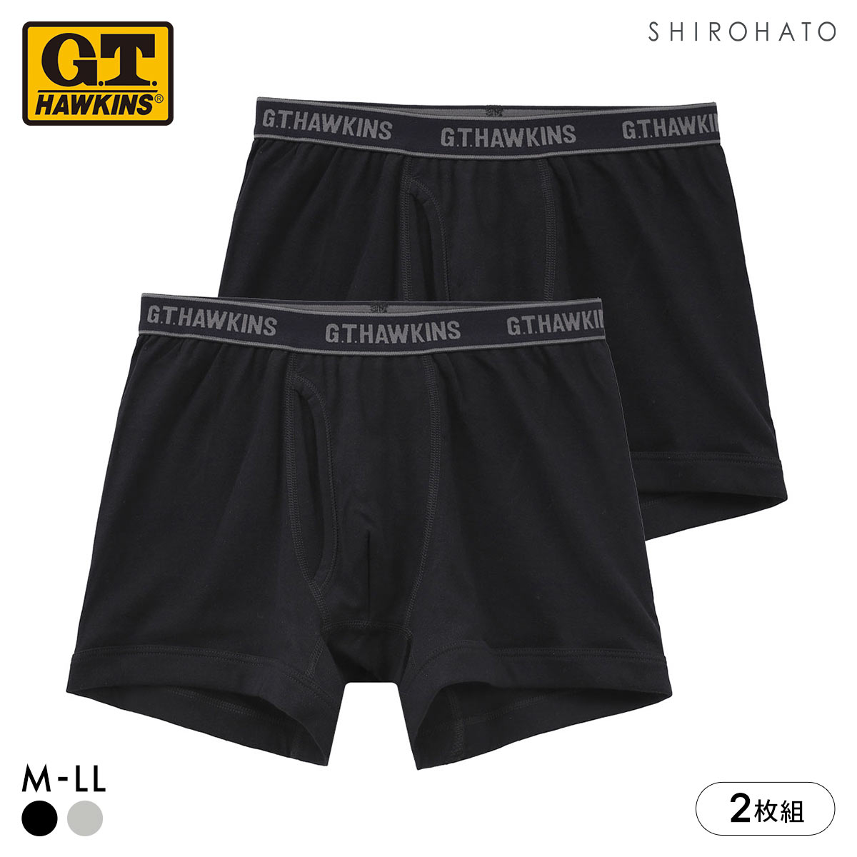 G.T.ホーキンス 綿100％ ボクサーブリーフ 2枚セット メンズ 前開き G.T.HAWKINS(BK-ブラック-M)