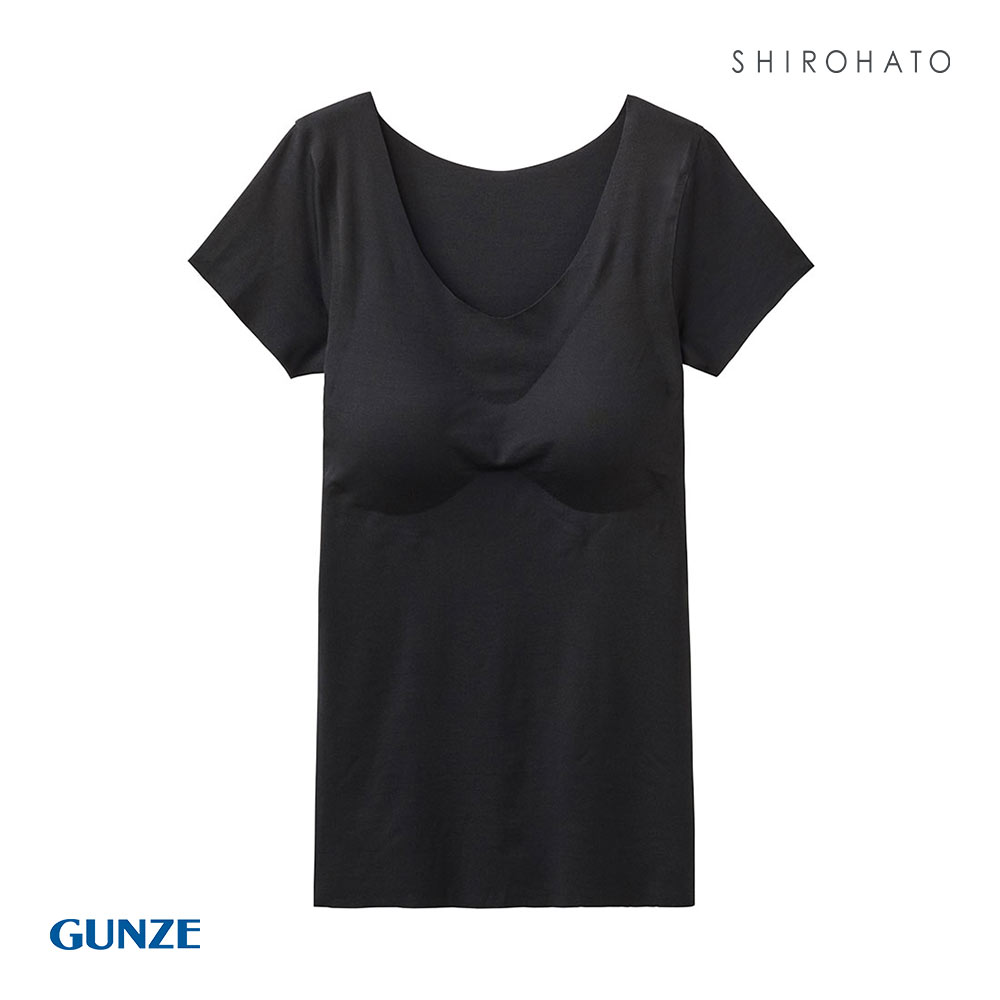 グンゼ GUNZE キレイラボ KIREILABO 完全無縫製 クールタイプ カップ付 2分袖インナー レディース 日本製(BK-ブラック-M)
