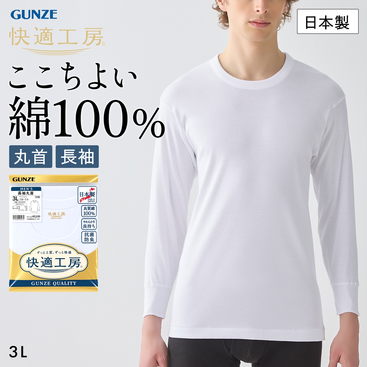 グンゼ 快適工房 長袖 丸首 シャツ メンズ インナー 3Lサイズ 綿100％ クルーネック 抗菌防臭 大きいサイズ GUNZE