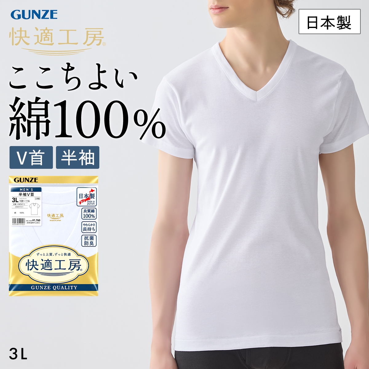 グンゼ 快適工房 半袖 V首 Tシャツ メンズ インナー 綿100％ 3Lサイズ クルーネック 抗菌防臭 大きいサイズ GUNZE(WH-ホワイト-3L)