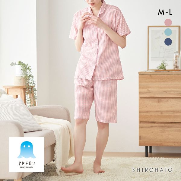 グンゼ アセドロン チェック柄 パジャマ 半袖シャツ・5分丈パンツセット レディース ナイティ ルームウェア GUNZE