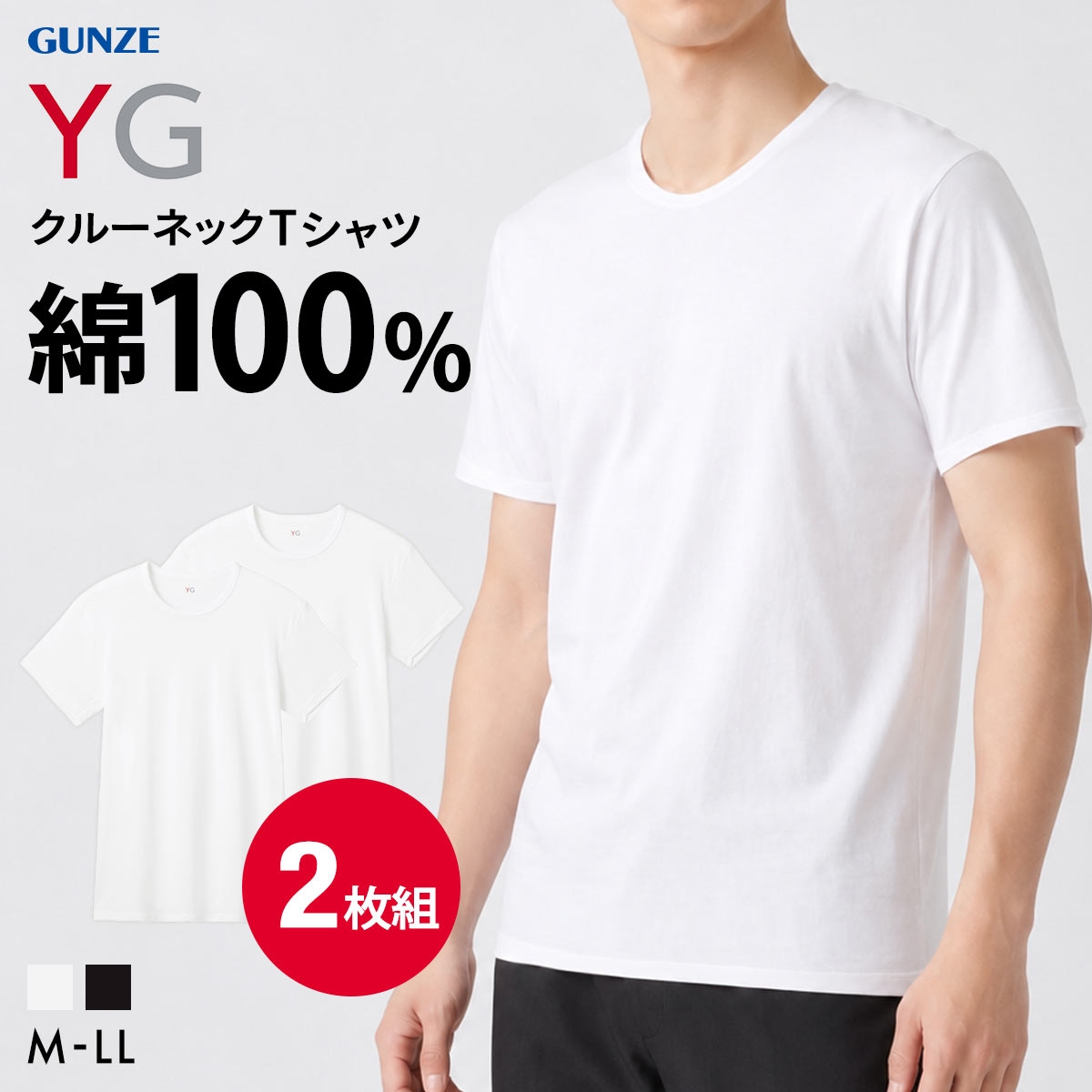 グンゼ YG コットン100％ フライス クルーネック Tシャツ 2枚セット メンズ インナー 大きいサイズ GUNZE ワイジー