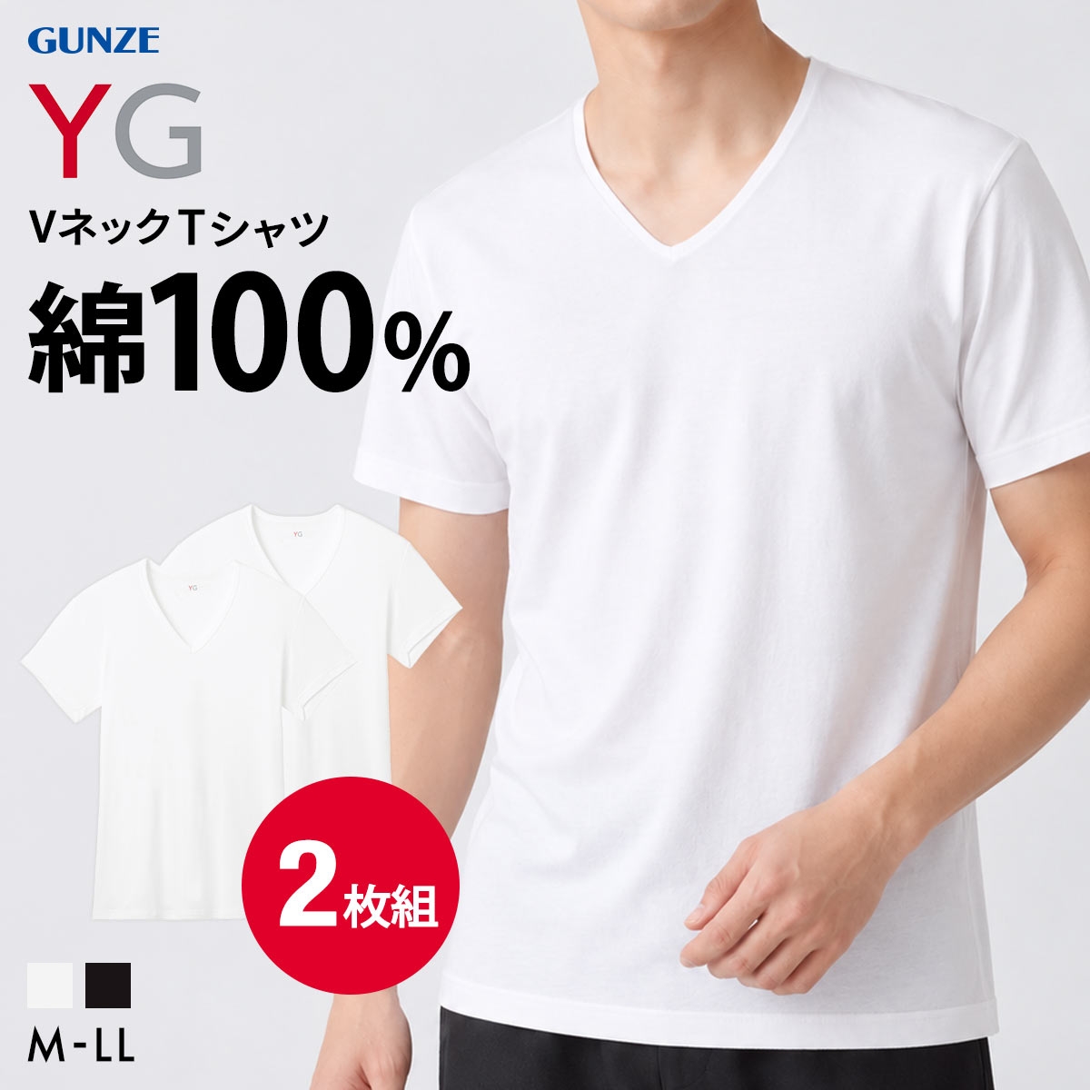 グンゼ YG コットン100％ フライス Vネック Tシャツ 2枚セット メンズ インナー GUNZE ワイジー