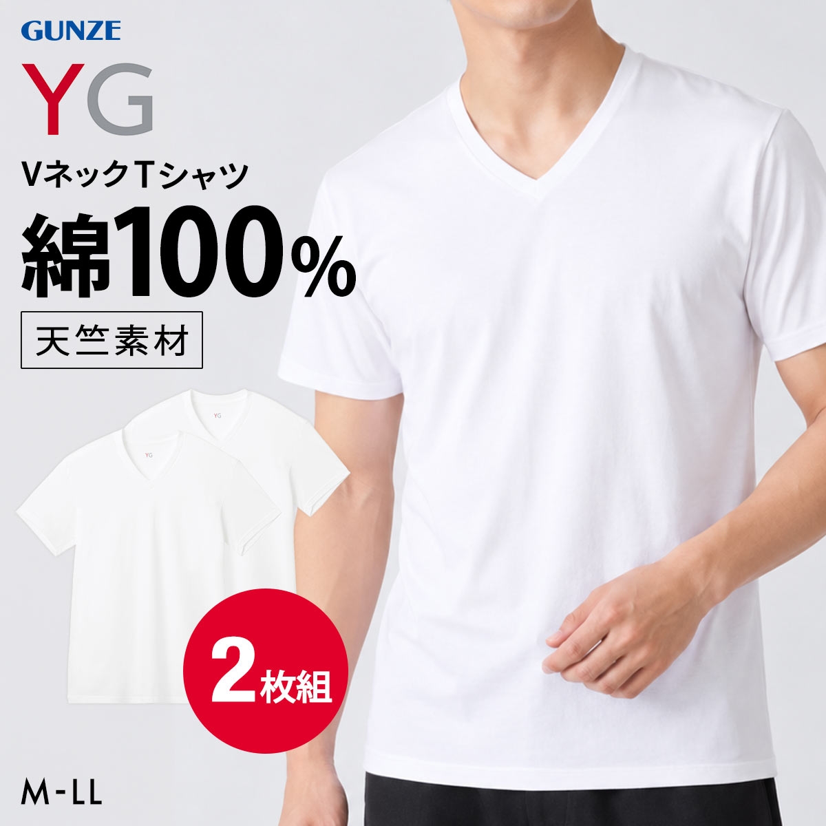 グンゼ YG コットン100％ 天竺 Vネック Tシャツ 2枚セット メンズ インナー 大きいサイズ GUNZE ワイジー(WH-ホワイト-M)