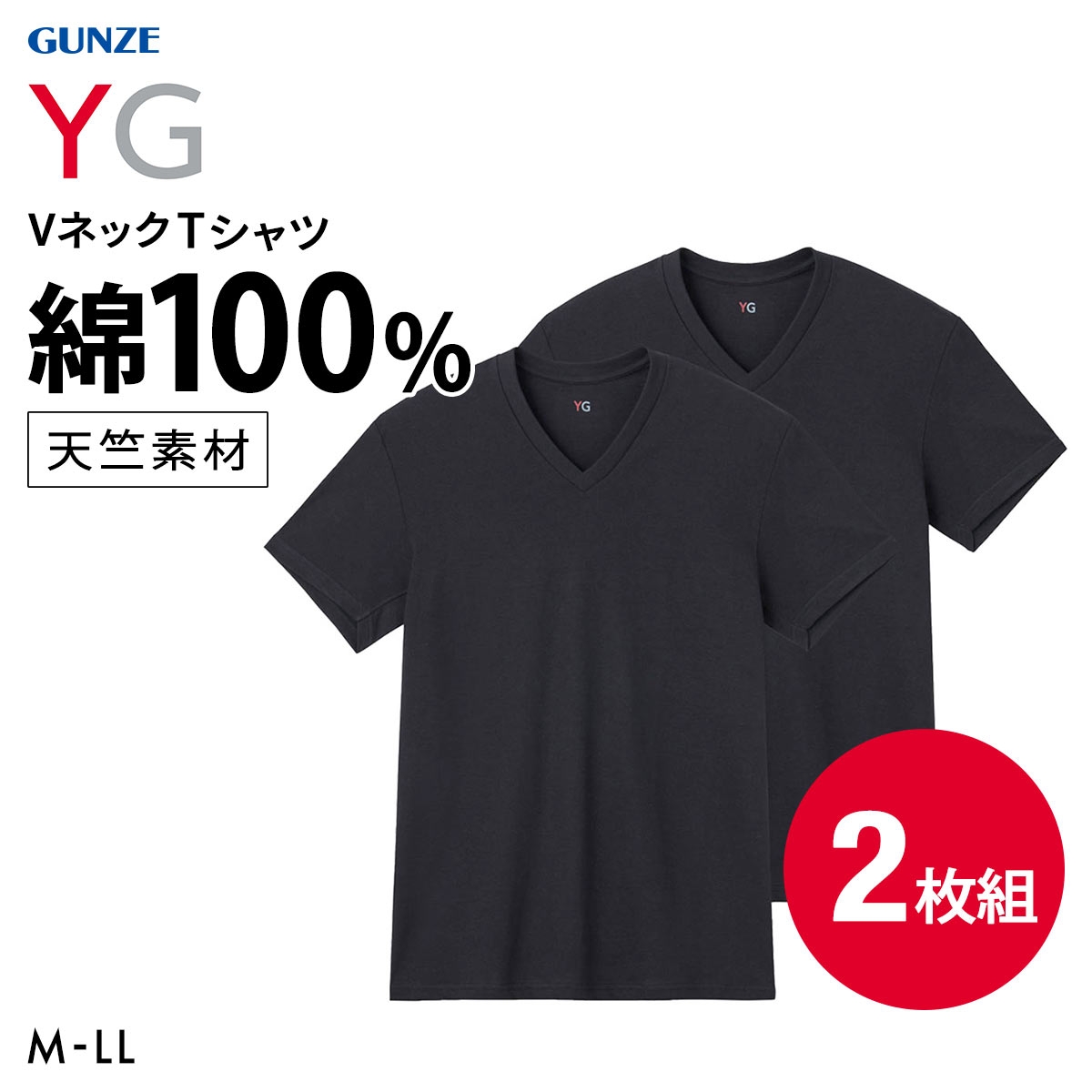 グンゼ YG コットン100％ 天竺 Vネック Tシャツ 2枚セット メンズ インナー 大きいサイズ GUNZE ワイジー(BK-ブラック-M)