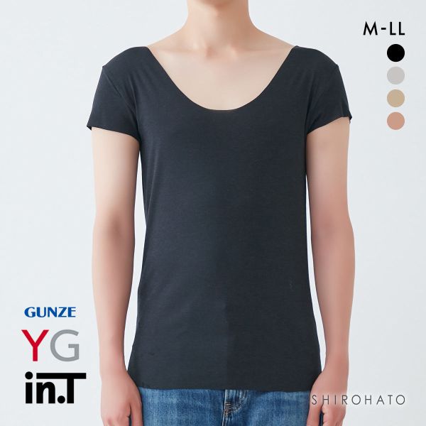 グンゼ GUNZE ワイジー YG インティー in.T 半袖 Tシャツ カットオフ 脇パッド付 後ろ丈長め クルーネック ボートネック対応(BK-ブラック-M)