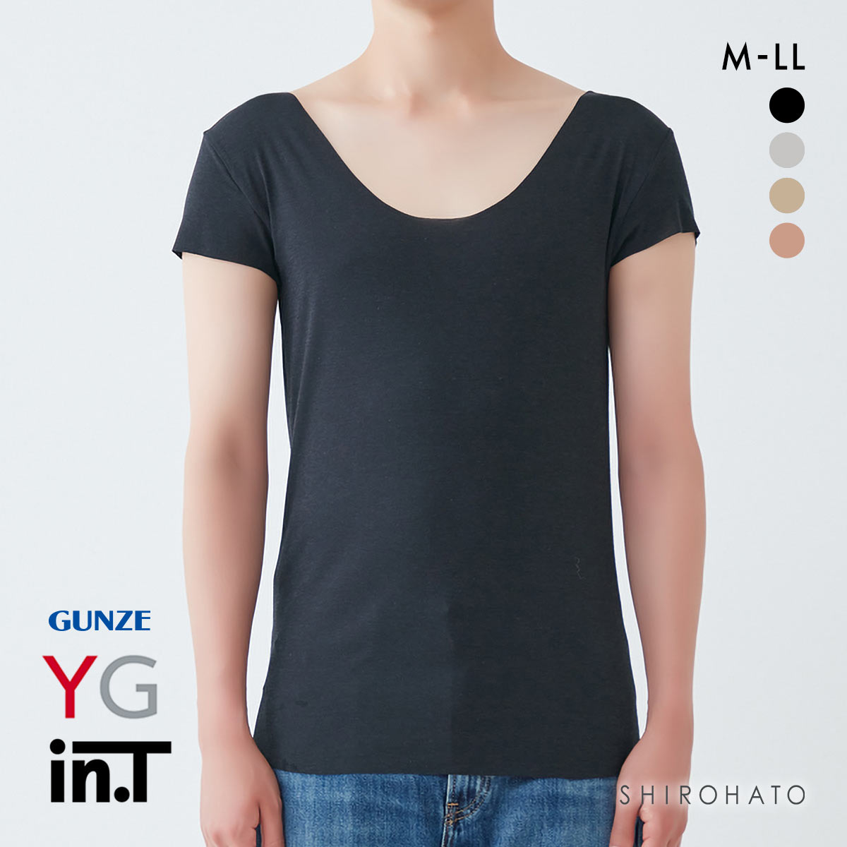 グンゼ GUNZE ワイジー YG インティー in.T 半袖 Tシャツ カットオフ 脇パッド付 後ろ丈長め クルーネック ボートネック対応(BK-ブラック-M)