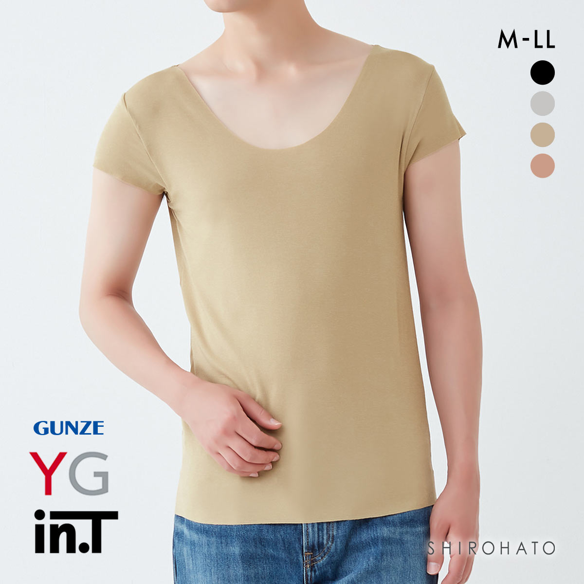 グンゼ GUNZE ワイジー YG インティー in.T 半袖 Tシャツ カットオフ 脇パッド付 後ろ丈長め クルーネック ボートネック対応(BE-ベージュ-M)