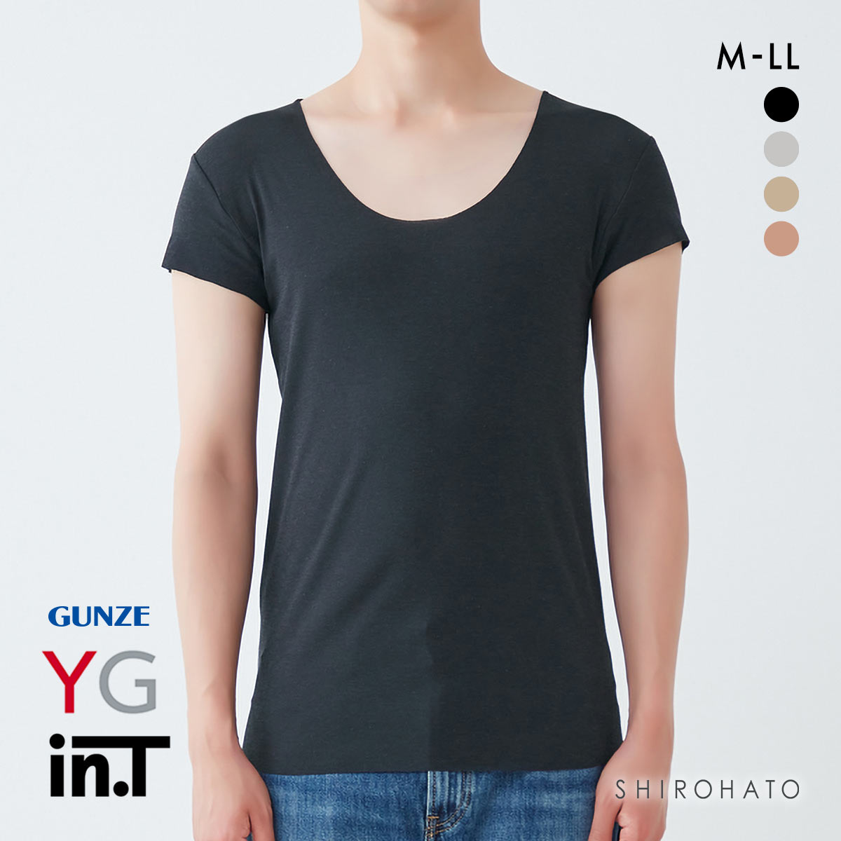 グンゼ GUNZE ワイジー YG インティー in.T 半袖 Tシャツ カットオフ クルーネック 後ろ丈長め 脇パッド付き(BK-ブラック-M)