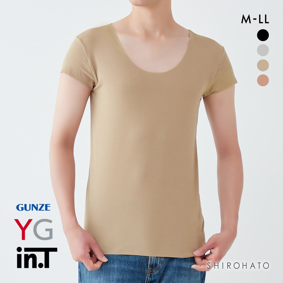 グンゼ GUNZE ワイジー YG インティー in.T 半袖 Tシャツ カットオフ クルーネック 後ろ丈長め 脇パッド付き(BE-ベージュ-M)
