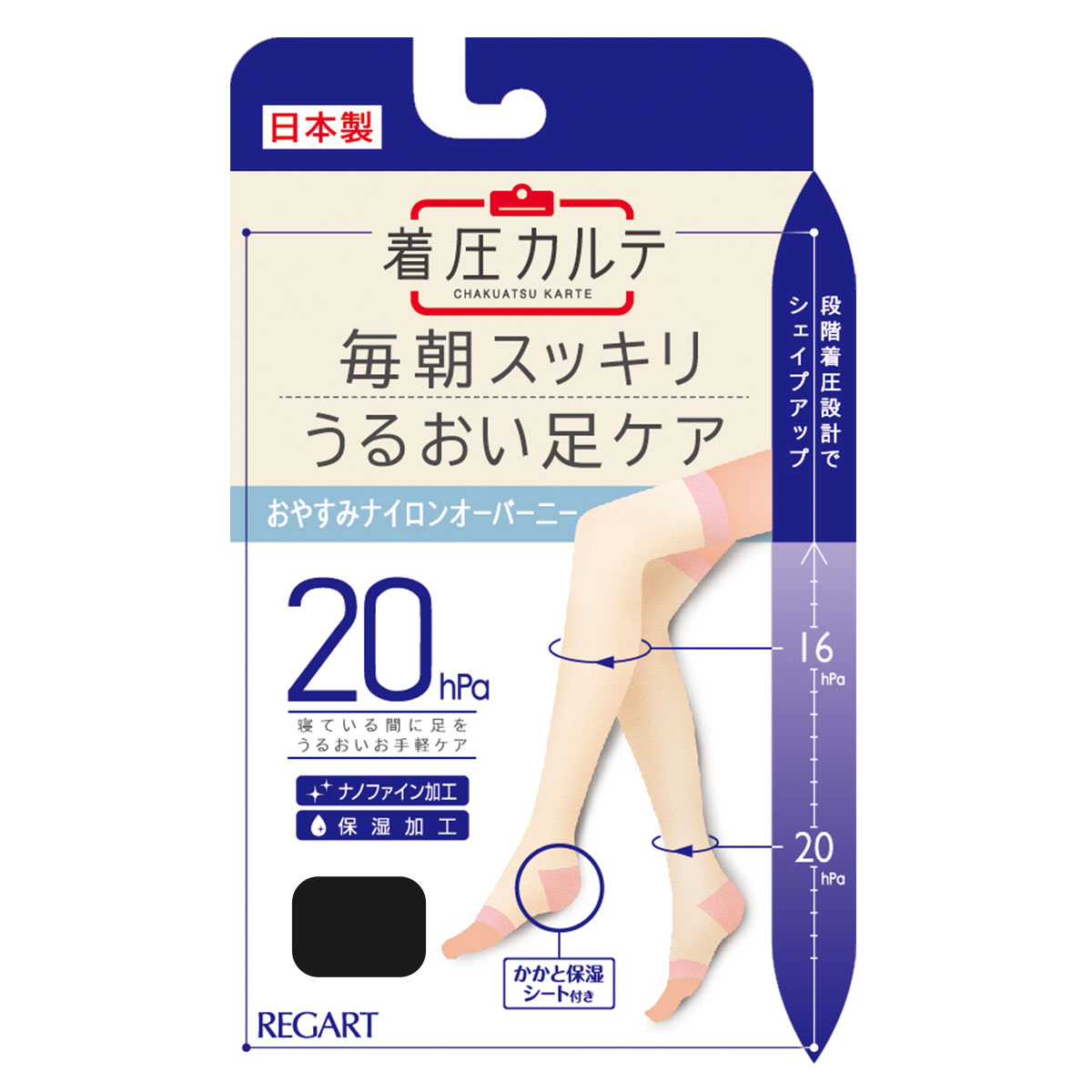 着圧カルテ おやすみナイロンオーバーニー 靴下 着圧 オープントゥ 保湿 日本製(BK-ブラック-22-24cm)
