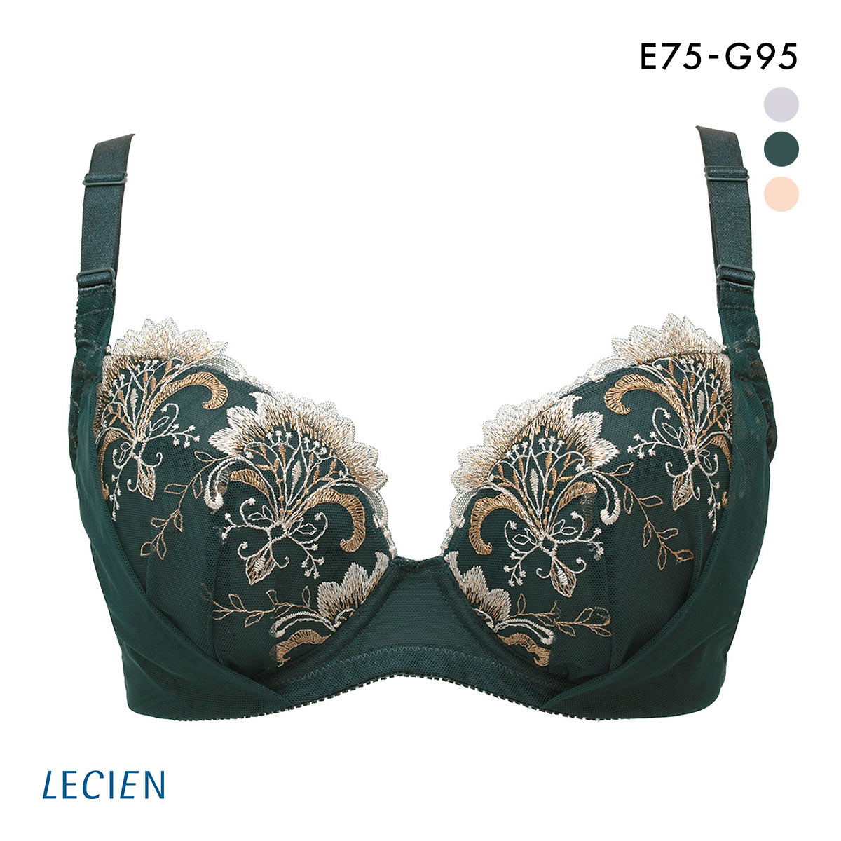 ルシアン LECIEN 大きめバスト専用 コンパクト設計 4/5カップ ブラジャー EFG 脇高 脇肉 大きいサイズ 単品 グラマー(DGR-濃グリーン-E75)
