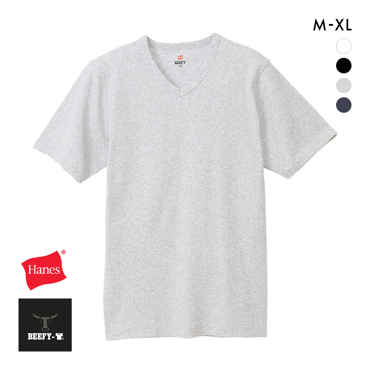 ヘインズ Tシャツ ビーフィー BEEFY リブ Vネック メンズ トップス インナー 半袖 大きいサイズ HM1-T102 Hanes(GY-グレー-M)