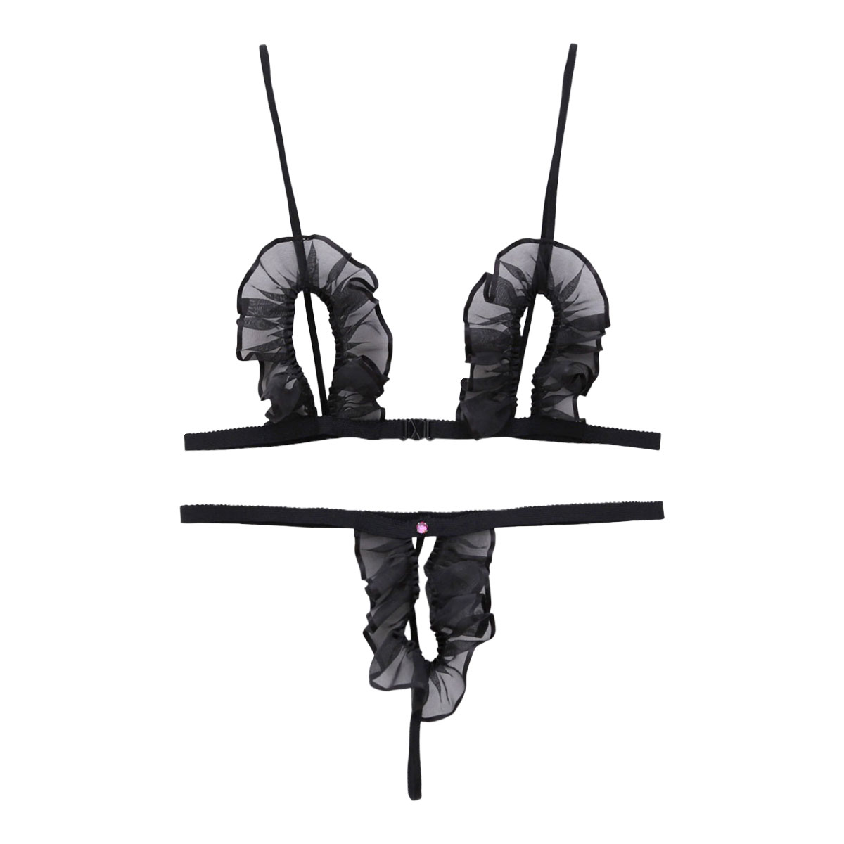 シースルー極小オープンクロッチブラセット(ブラック-F)