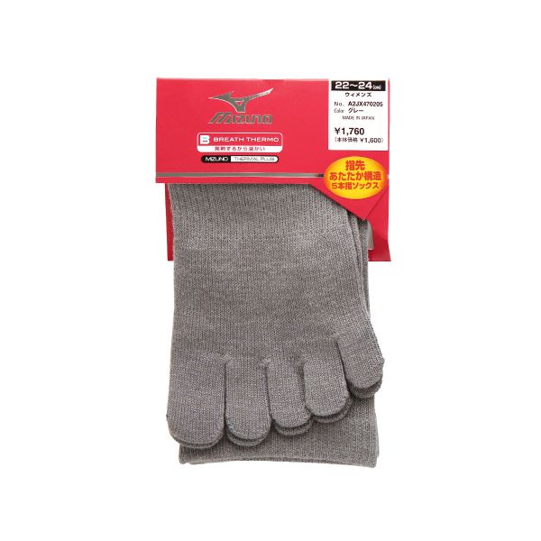 ミズノ MIZUNO ブレスサーモ BREATH THERMO 5本指ソックス 22-24cm 日本製 クルー丈 レディース 指先あたたか 薄手