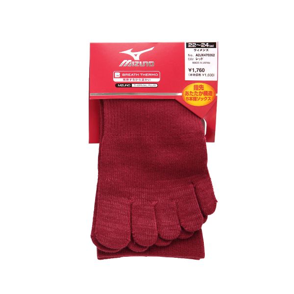 ミズノ MIZUNO ブレスサーモ BREATH THERMO 5本指ソックス 22-24cm 日本製 クルー丈 レディース 指先あたたか 薄手