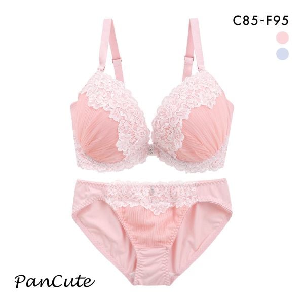 パンキュート プリーツチュールレース ブラセット CDEF80-95 脇寄せ 大きいサイズ グラマー 脇高 谷間 ブラジャー ショーツ PANCUTE