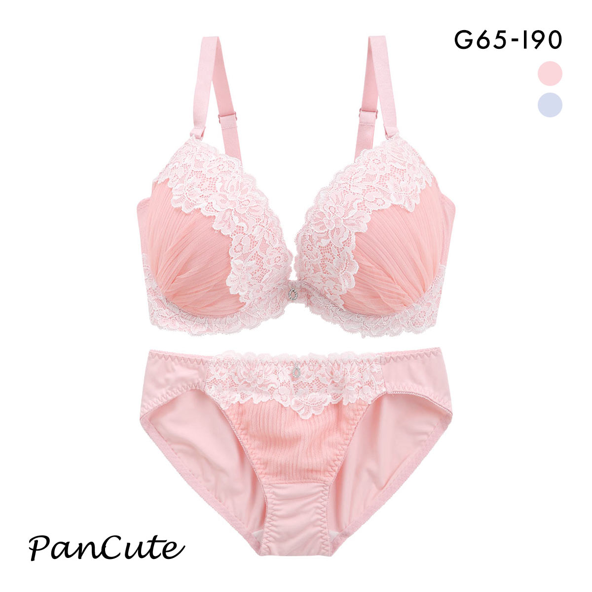 パンキュート プリーツチュールレース ブラセット GHI65-95 脇寄せ 大きいサイズ グラマー 脇高 谷間 ブラジャー ショーツ PANCUTE(PI-ピンク-G65-M)