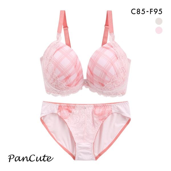 パンキュート 脇肉を谷間に変える脇高ブラ チェック柄チュールレース ブラセット CDEF80-95 脇寄せ 大きいサイズ グラマー 谷間 ブラジャー