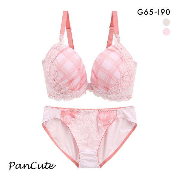 パンキュート 脇肉を谷間に変える脇高ブラ チェック柄チュールレース ブラセット GHI65-95 脇寄せ 大きいサイズ グラマー 脇高 谷間 ブラジャー