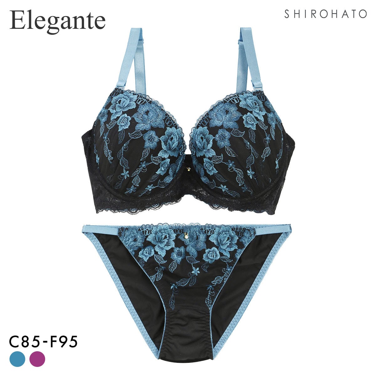 エレガント 脇肉を谷間に変える脇高ブラ フラワー刺繍レース ブラセット CDEF80-95 グラマー ブラジャー ショーツ セット Elegante(BU-ブルー-C85-LL)