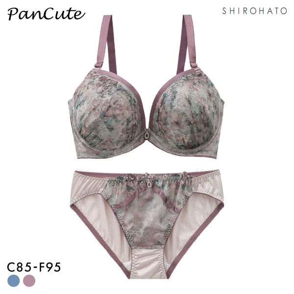 パンキュート らくちんソフトワイヤー フラワープリント刺繍 ブラセット CDEF80-95 グラマー アンダー大きいサイズ 脇肉 谷間 美胸