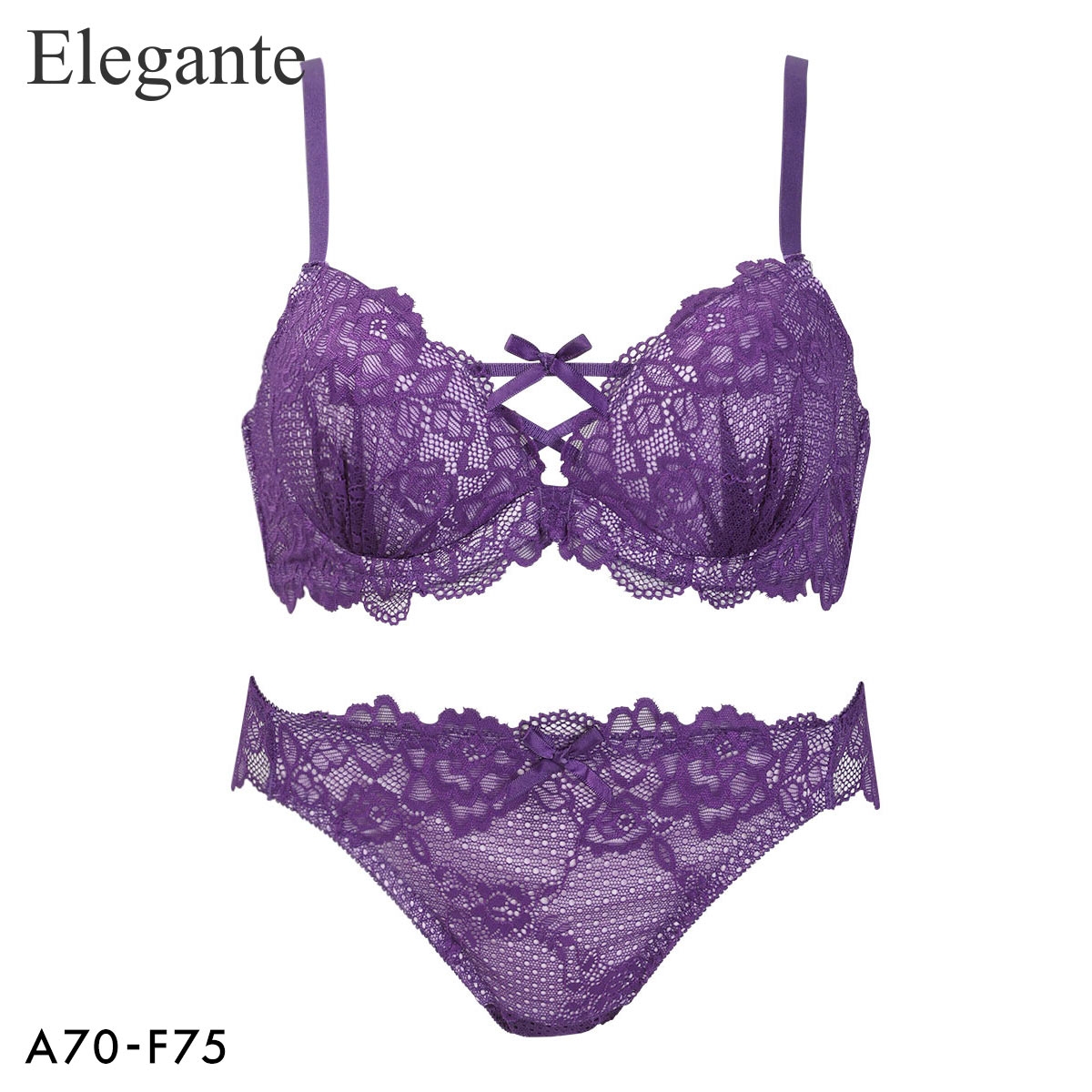 エレガント 総レースリボン ブラセット ABCDEF 大きいサイズ グラマー ブラジャー ショーツ セット 下着 Elegante(PU-パープル-A70-M)