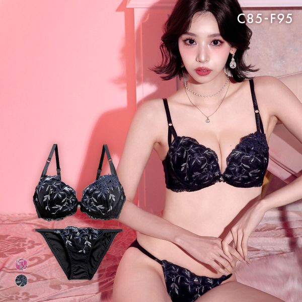 エレガント ボタニカルレース ブラセット CDEF80-95  大きいサイズ グラマー 盛り ブラジャー ショーツ セット 脇寄せ L字 谷間 盛り胸 パッド内蔵 Elegante