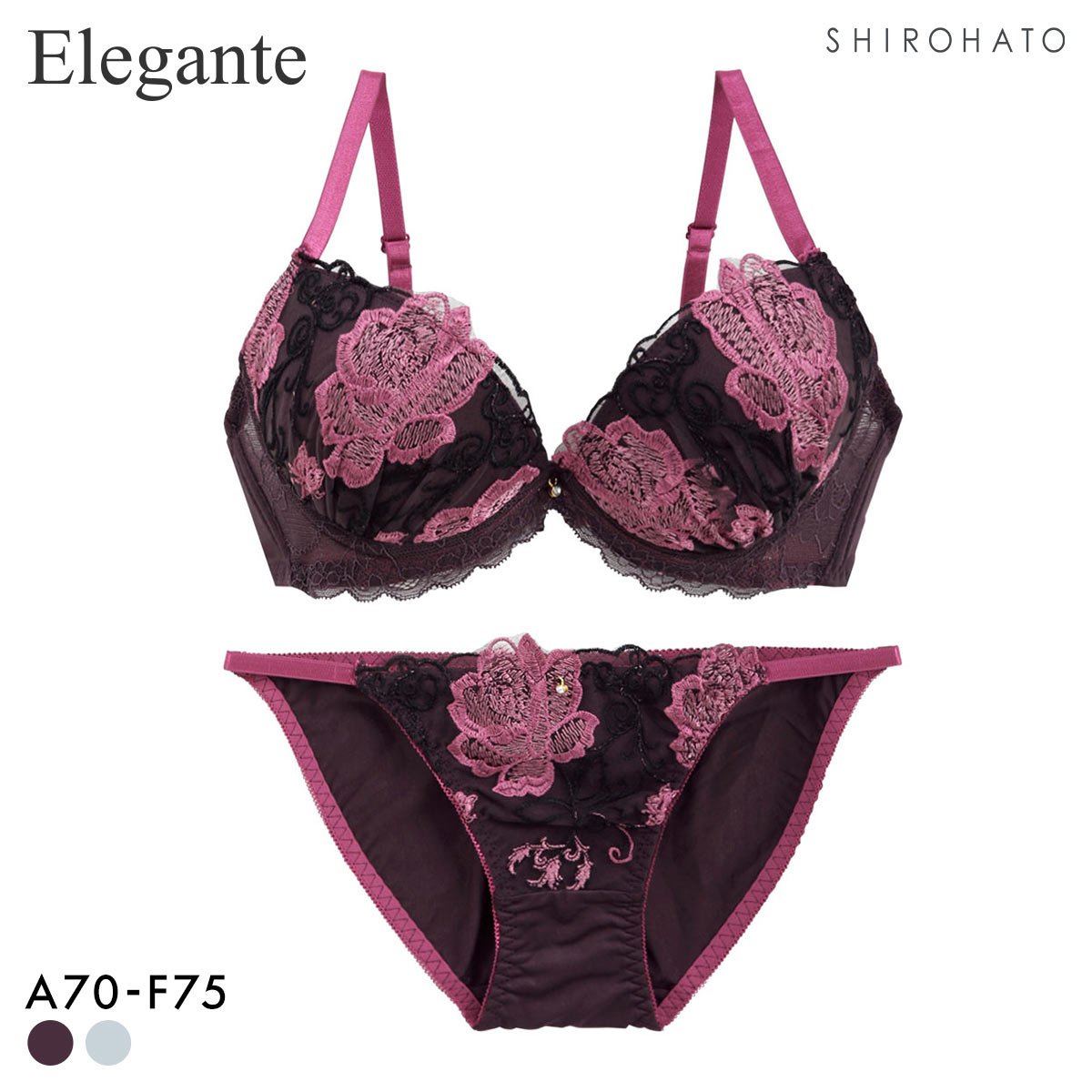 エレガント ロージー刺繍 ブラセット ABCDEF グラマー アンダー大きいサイズ 脇肉 谷間 美胸 L字 谷間 盛り胸 パッド内蔵 Elegante(DPU-濃パープル-A70-M)