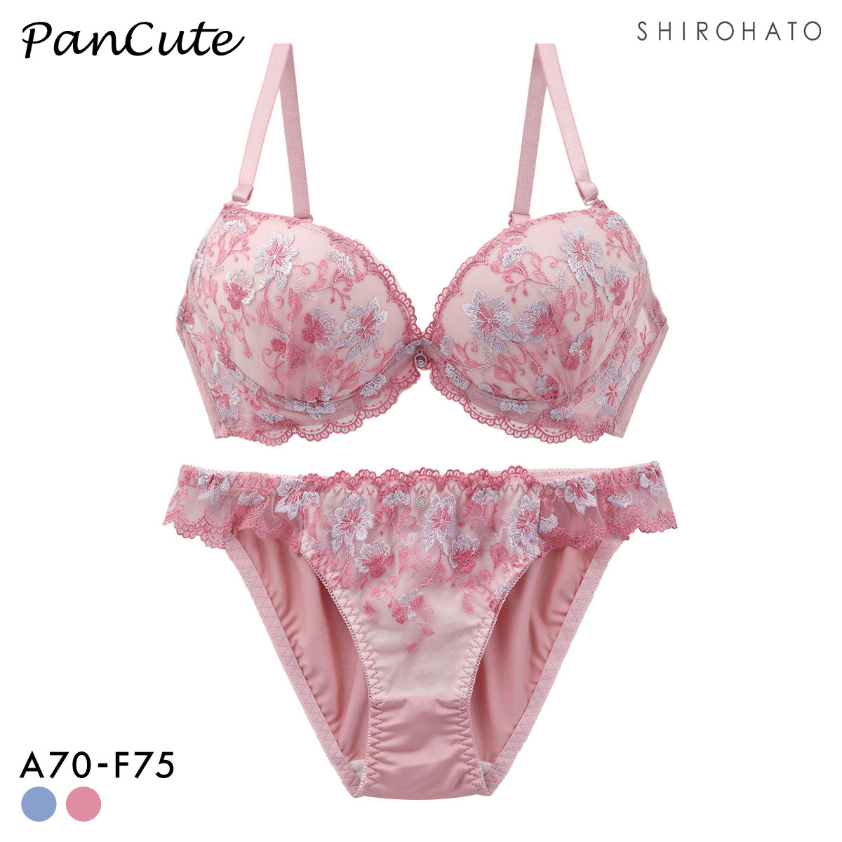 パンキュート フラワーアーチレース ブラセット ABCDEF 下厚パッド 盛り胸 寄せ上げ 大きいサイズ PANCUTE(PI-ピンク-A70-M)