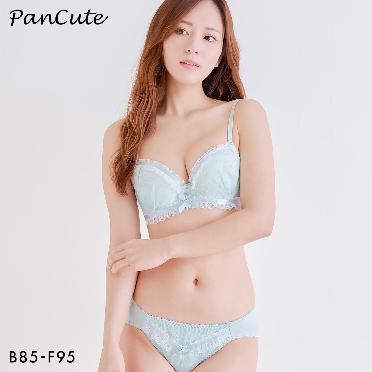 パンキュート レースフリルフェミニン ブラセット BCDEF80-95 大きいサイズ グラマー ブラジャー ショーツ セット PANCUTE(MI-ミント-B85-LL)