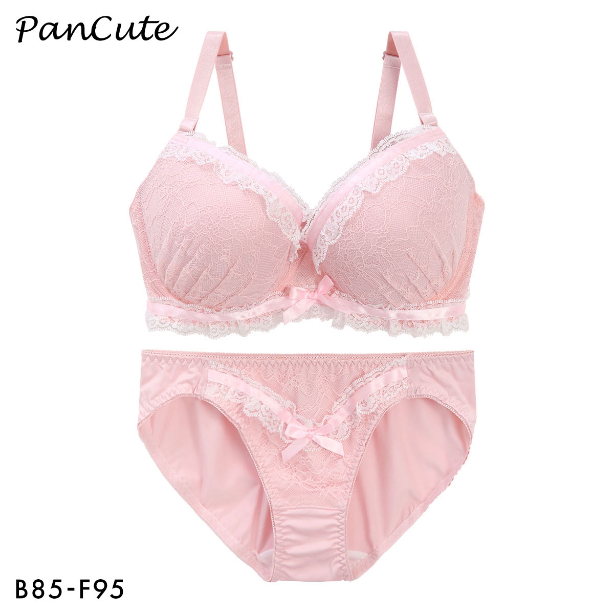 パンキュート レースフリルフェミニン ブラセット BCDEF80-95 大きいサイズ グラマー ブラジャー ショーツ セット PANCUTE(PI-ピンク-B85-LL)