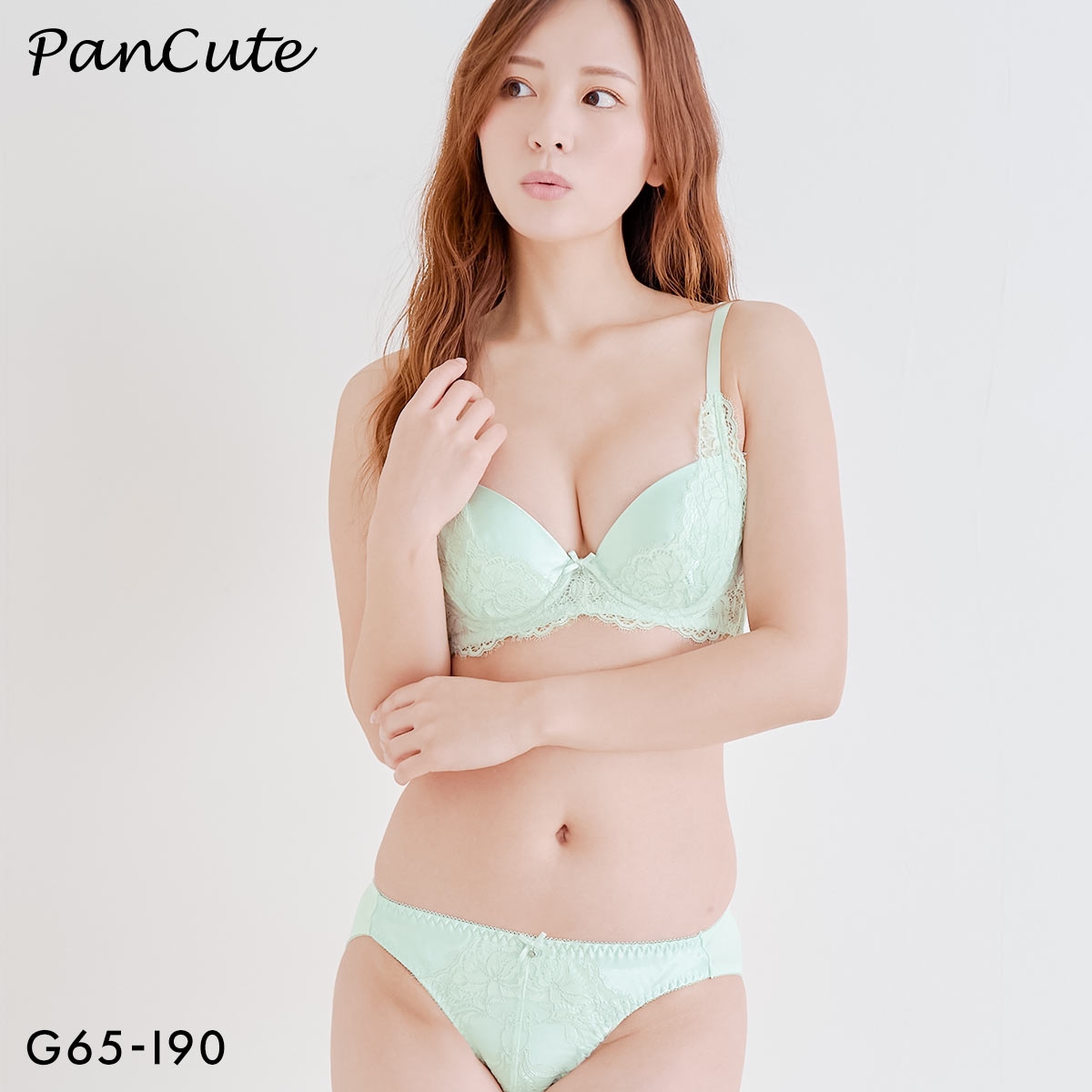 パンキュート サテンレース ブラセット GHI65-95 大きいサイズ グラマー 盛り ブラジャー ショーツ セット PANCUTE(MI-ミント-G65-M)