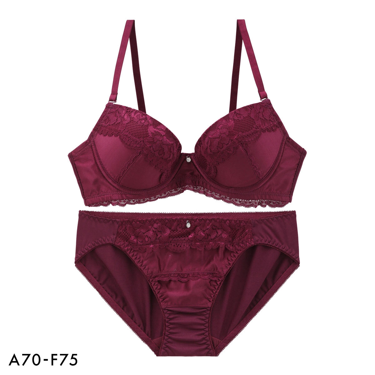 エレガント マットサテンレース ブラセット ABCDEF 大きいサイズ グラマー ブラジャー ショーツ セット Elegante 下着(WI-ワイン-A70-M)