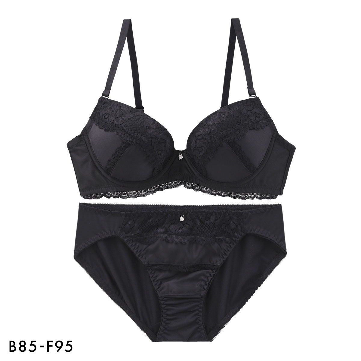 エレガント マットサテンレース ブラセット BCDEF80-95 大きいサイズ グラマー ブラジャー ショーツ セット Elegante 下着(BK-ブラック-B85-LL)